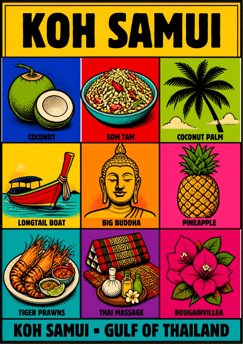 Ao Thai Treasures — Koh Samui art print: pop-art grid of nine bright panels - coconut, som tam salad, coconut palm, longtail boat, golden Buddha head, pineapple, tiger prawns, Thai massage oils and pink bougainvillea - on a yellow banner ground