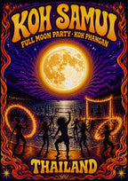Full Moon — Koh Samui art print: psychedelic night poster of a huge glowing full moon over the sea with silhouetted dancers, fire hoops and skipping ropes on the beach, in swirling purple, orange and gold