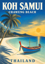 Hat Chaweng — Koh Samui art print: bright poster of a curving white sand beach with a red-and-blue longtail boat at the shoreline, leaning coconut palms and green hills across a turquoise bay under a golden sun