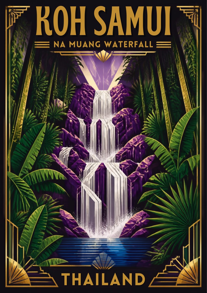 Nam Tok Na Muang — Koh Samui art print: art deco style illustration of a tall white waterfall tumbling down purple rock into a blue pool, framed by dark green banana leaves and jungle foliage with gold border details