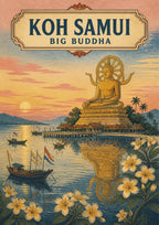 Phra Yai — Koh Samui art print: pastel sunset scene of the golden seated Big Buddha on its temple platform reflected in calm water, fishing boats moored nearby and white frangipani blooms in the foreground