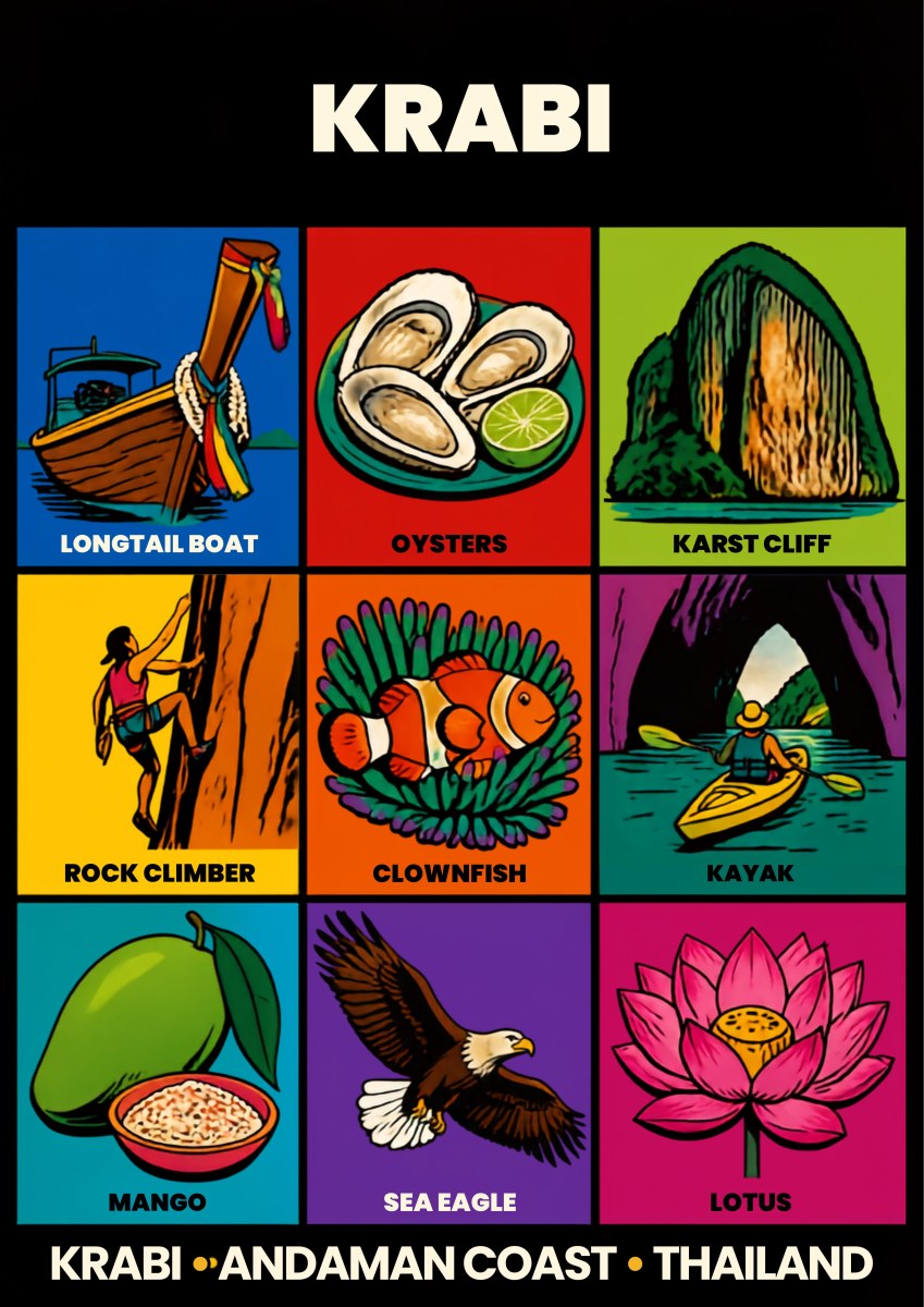 Andaman Nine — Krabi art print: pop-art grid of nine labelled Krabi emblems on black: a longtail boat prow, oysters with lime, a karst cliff, a rock climber, a clownfish, a kayaker in a sea cave, mangoes with sticky rice, a sea eagle and a pink lotus