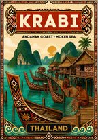 Chao Le — Krabi art print: a Moken sea-gypsy stilt village at golden sunset, with a fisherman mending nets on the jetty beside boats carved with tribal patterns and karst islands behind, framed by ornate wooden borders