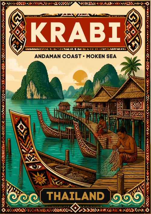 Chao Le — Krabi art print: a Moken sea-gypsy stilt village at golden sunset, with a fisherman mending nets on the jetty beside boats carved with tribal patterns and karst islands behind, framed by ornate wooden borders