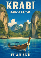 Hat Railay — Krabi art print: a wooden longtail boat with ribbon-tied prow crossing bright blue water at Railay Beach, backed by white sand and towering green limestone cliffs under a sunny sky