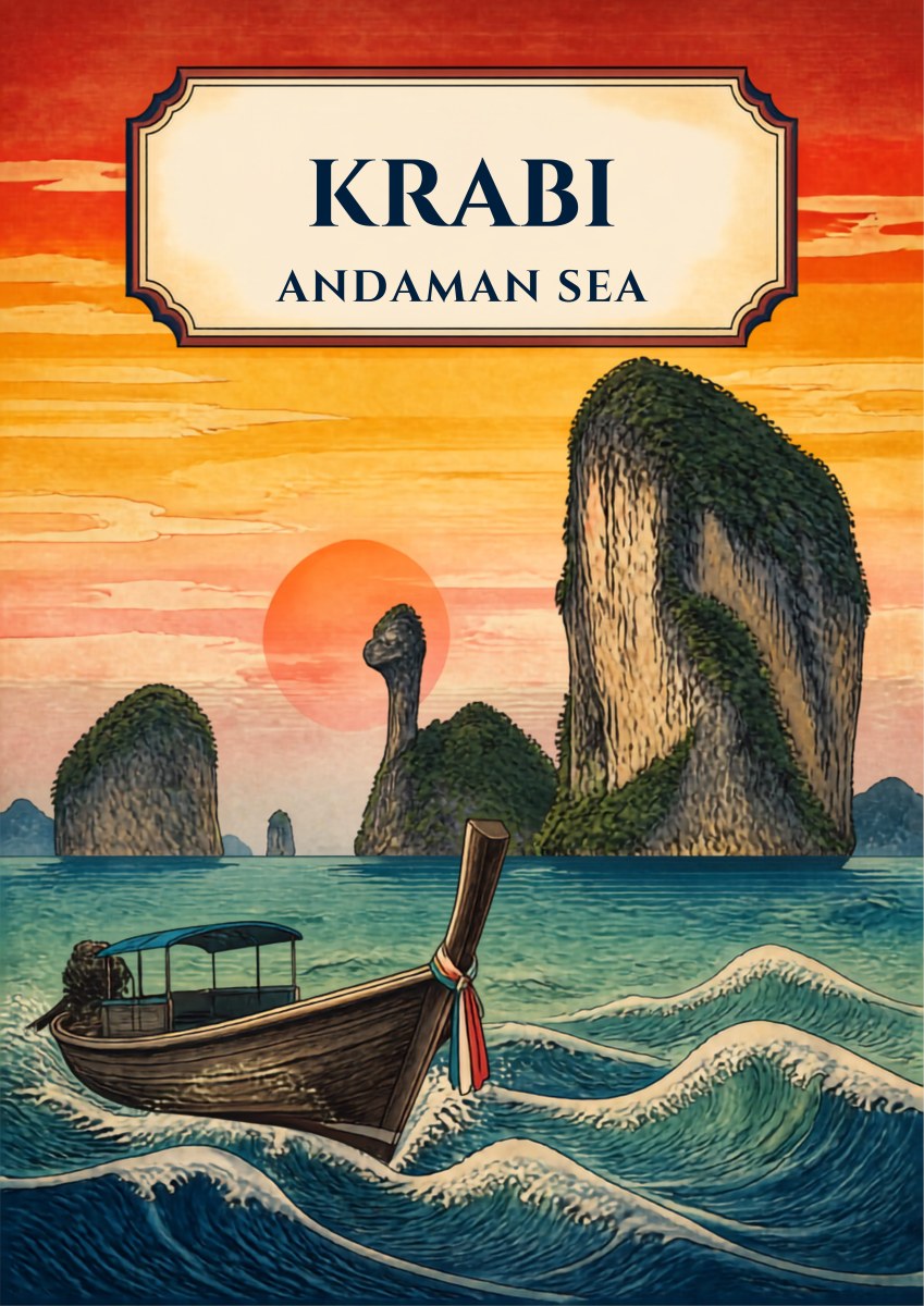 Tawan Daeng — Krabi art print: a longtail boat riding stylised waves on the Andaman Sea at sunset, with karst islands silhouetted against a burning orange sky and a large red sun on the horizon