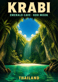 Tham Morakot — Krabi art print: view out of the Emerald Cave on Koh Mook, a ring of jungle-draped cliff walls opening to blue sky above a hidden beach and clear green-turquoise water
