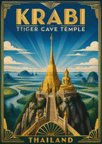 Wat Tham Suea — Krabi art print: art deco poster of the Tiger Cave Temple's golden chedi and seated golden Buddha atop a limestone peak, with sunburst rays, winding rivers and karst hills below in gold and blue