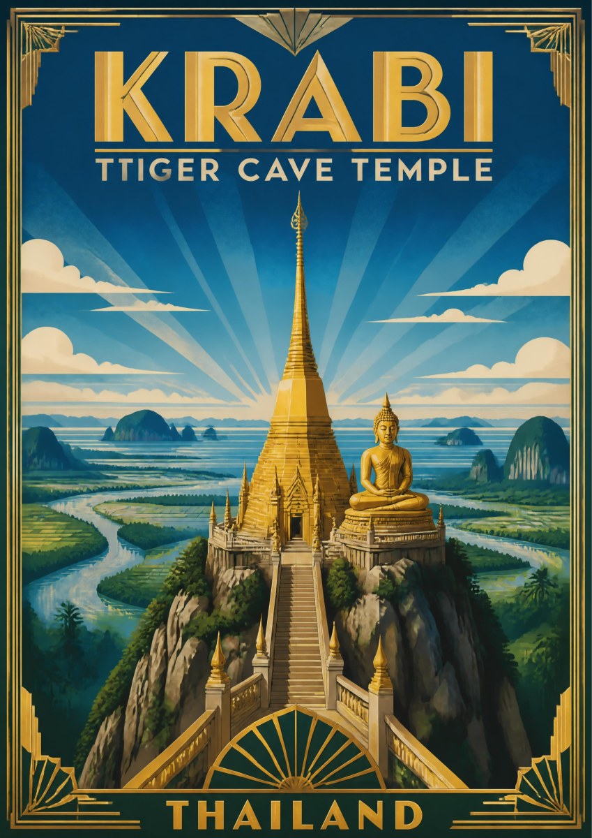 Wat Tham Suea — Krabi art print: art deco poster of the Tiger Cave Temple's golden chedi and seated golden Buddha atop a limestone peak, with sunburst rays, winding rivers and karst hills below in gold and blue