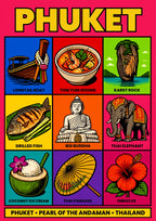 Andaman Icons — Phuket art print: a nine-panel icon grid on a hot pink ground with bold black outlines, showing a longtail boat, tom yum goong, a karst rock, grilled fish, the Big Buddha, decorated Thai elephants, coconut ice cream, a painted parasol and a red hibiscus