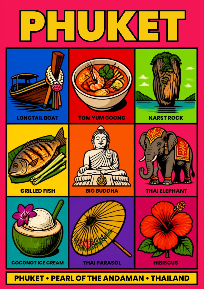 Andaman Icons — Phuket art print: a nine-panel icon grid on a hot pink ground with bold black outlines, showing a longtail boat, tom yum goong, a karst rock, grilled fish, the Big Buddha, decorated Thai elephants, coconut ice cream, a painted parasol and a red hibiscus