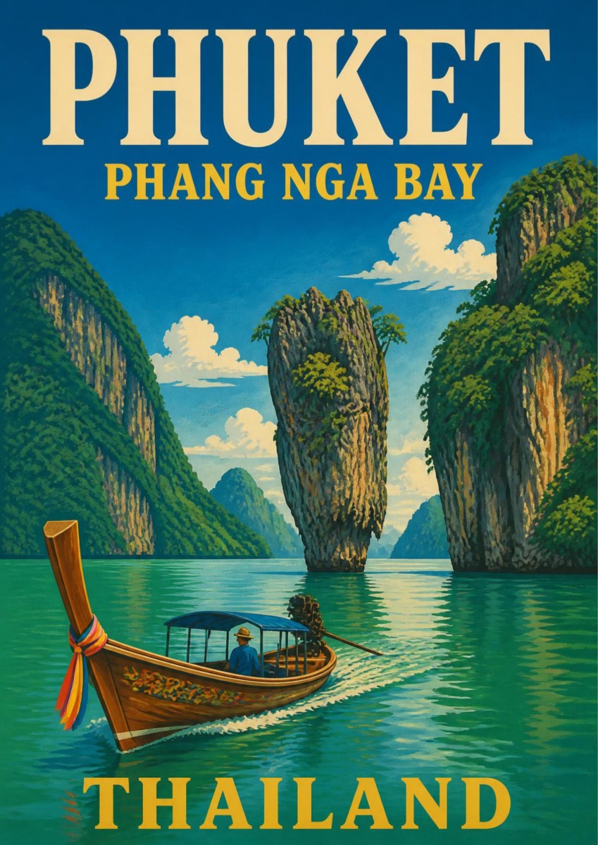 Ao Phang Nga — Phuket art print: a vintage travel-poster view of Phang Nga Bay with the slender James Bond island rock and jungle-topped limestone karsts rising from jade-green water, a wooden longtail boat crossing the foreground under a bright blue sky