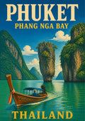 Ao Phang Nga — Phuket art print: a vintage travel-poster view of Phang Nga Bay with the slender James Bond island rock and jungle-topped limestone karsts rising from jade-green water, a wooden longtail boat crossing the foreground under a bright blue sky