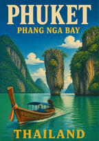 Ao Phang Nga — Phuket art print: a vintage travel-poster view of Phang Nga Bay with the slender James Bond island rock and jungle-topped limestone karsts rising from jade-green water, a wooden longtail boat crossing the foreground under a bright blue sky