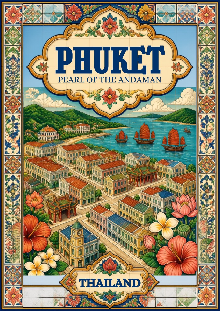 Khai Muk — Phuket art print: an aerial illustration of Phuket old town's tiled rooftops and colonial shophouses beside a bay with red-sailed junks, surrounded by hibiscus and frangipani blooms and framed by a blue and white floral tile border