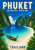 Maya Bay — Phuket art print: a painted view of Maya Bay on Ko Phi Phi: a curving white sand beach and vivid turquoise water enclosed by tall green limestone cliffs, with a single longtail boat moored at the shore and lush foliage in the foreground