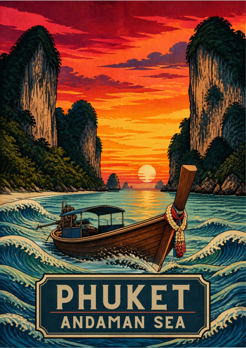 Reua Hang Yao — Phuket art print: a woodblock-style scene of a garlanded longtail boat on stylised Andaman Sea waves at sunset, with dark limestone karsts on either side and a blazing orange-to-red sky over a low sun