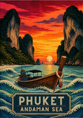 Reua Hang Yao — Phuket art print: a woodblock-style scene of a garlanded longtail boat on stylised Andaman Sea waves at sunset, with dark limestone karsts on either side and a blazing orange-to-red sky over a low sun