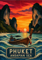 Reua Hang Yao — Phuket art print: a woodblock-style scene of a garlanded longtail boat on stylised Andaman Sea waves at sunset, with dark limestone karsts on either side and a blazing orange-to-red sky over a low sun