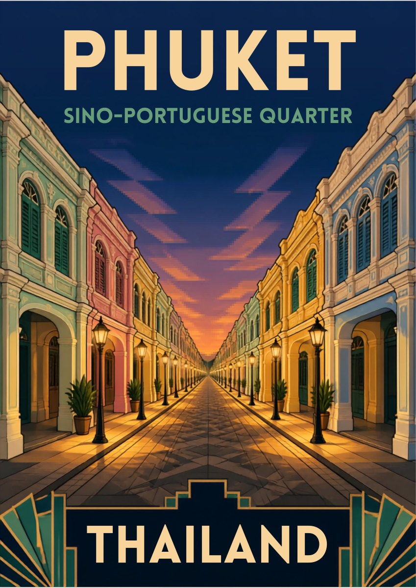 Thanon Thalang — Phuket art print: a one-point perspective view down a Sino-Portuguese old town street at dusk, with pastel mint, pink and cream shophouses, shuttered windows, arcaded walkways and lit street lamps, framed by Art Deco fan motifs