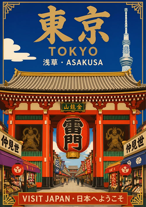 Asakusa — Tokyo art print: the vermilion Kaminarimon gate and its giant red lantern at Senso-ji, Nakamise shopping street beyond, Skytree above