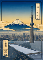 Fuji-San From The East — Tokyo art print: woodblock-style Mount Fuji and the Skytree over the grey city and river, blue and cream palette