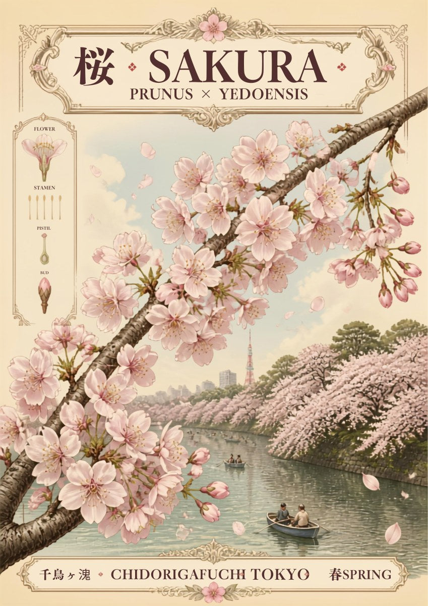 Sakura — Tokyo art print: botanical-plate cherry branch in pale pink over the blossom-lined Chidorigafuchi moat with rowing boats, cream ground