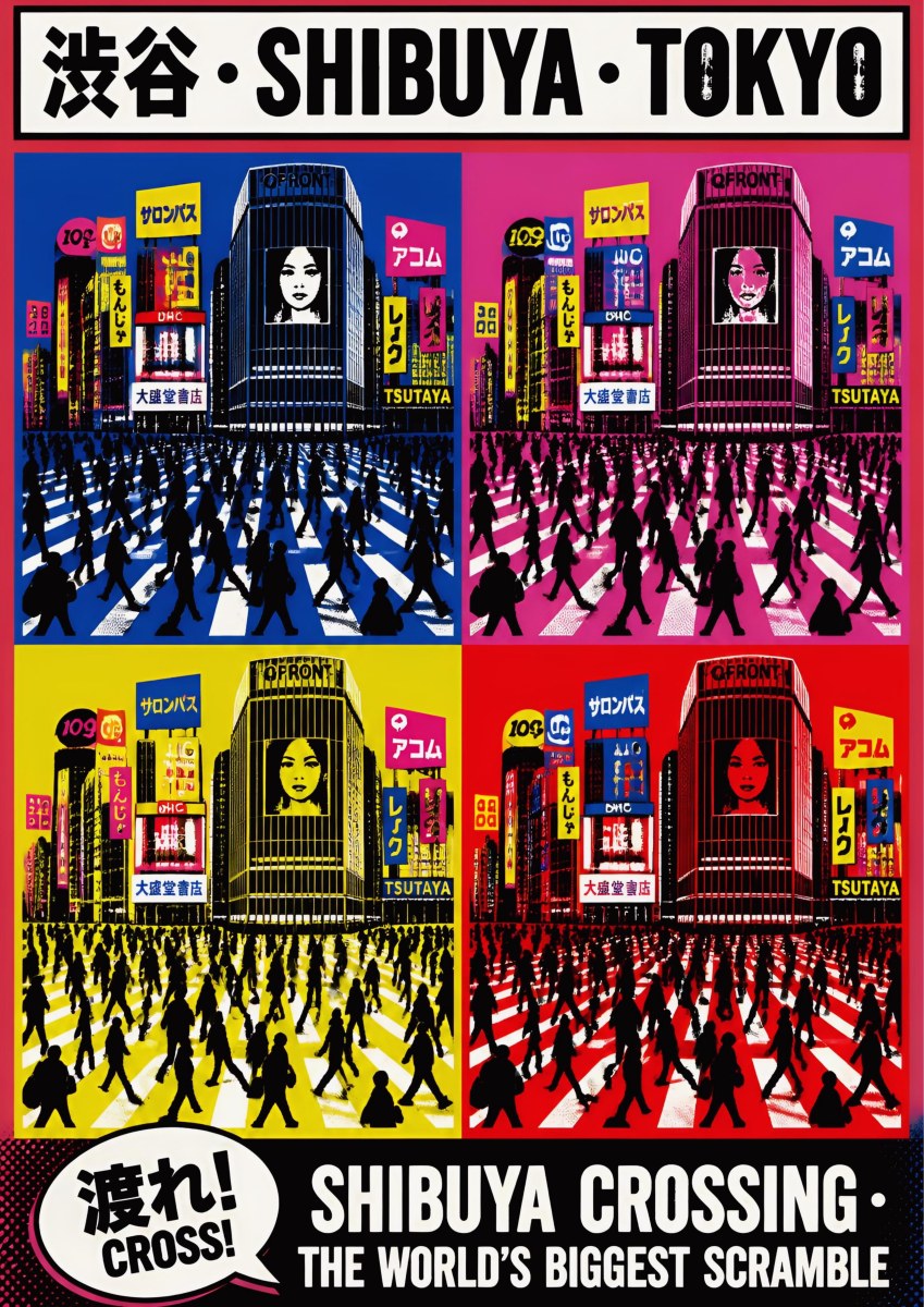 Shibuya Crossing — Tokyo art print: four pop-art panels of the Shibuya scramble crowd in blue, magenta, yellow and red with neon signage
