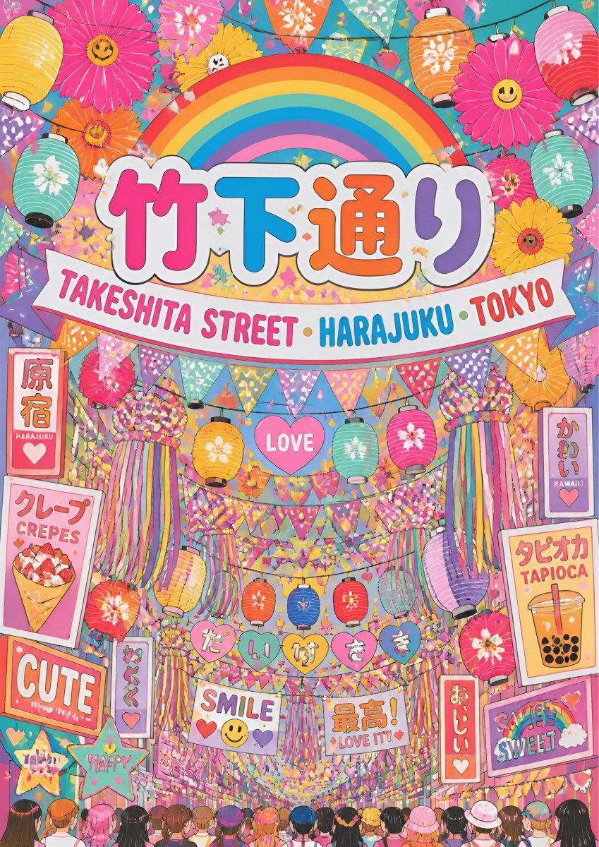 Takeshita Street — Tokyo art print: riot of kawaii Harajuku colour - rainbow, lanterns, streamers, crepes and bubble tea signs in pink and turquoise
