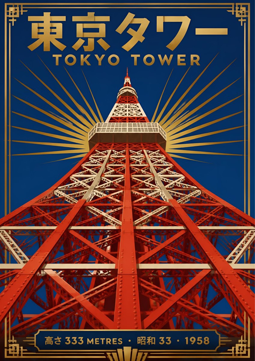 Tokyo Tower — Tokyo art print: tokyo Tower shot from below in red and white lattice against a golden sunburst on deep blue