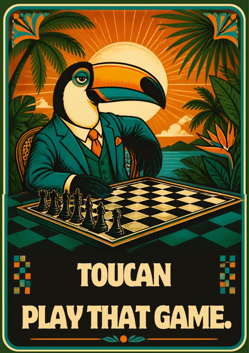 Checkmate — Toucan Play That Game art print: retro poster of a toucan in a teal suit and orange tie seated at a chessboard in a jungle setting, with palms and a setting sun behind and the slogan on a black panel below