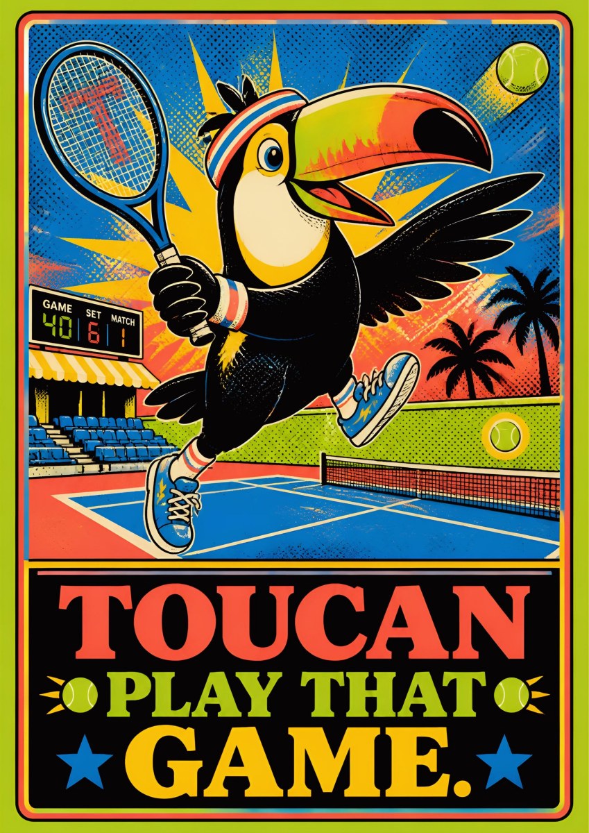 Match Point — Toucan Play That Game art print: comic-style toucan in a headband and trainers leaping across a blue tennis court mid-swing with racket and ball, palm trees and a bright pop-art background, scoreboard reading 40-6