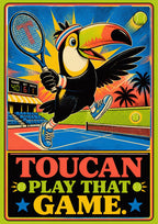 Match Point — Toucan Play That Game art print: comic-style toucan in a headband and trainers leaping across a blue tennis court mid-swing with racket and ball, palm trees and a bright pop-art background, scoreboard reading 40-6