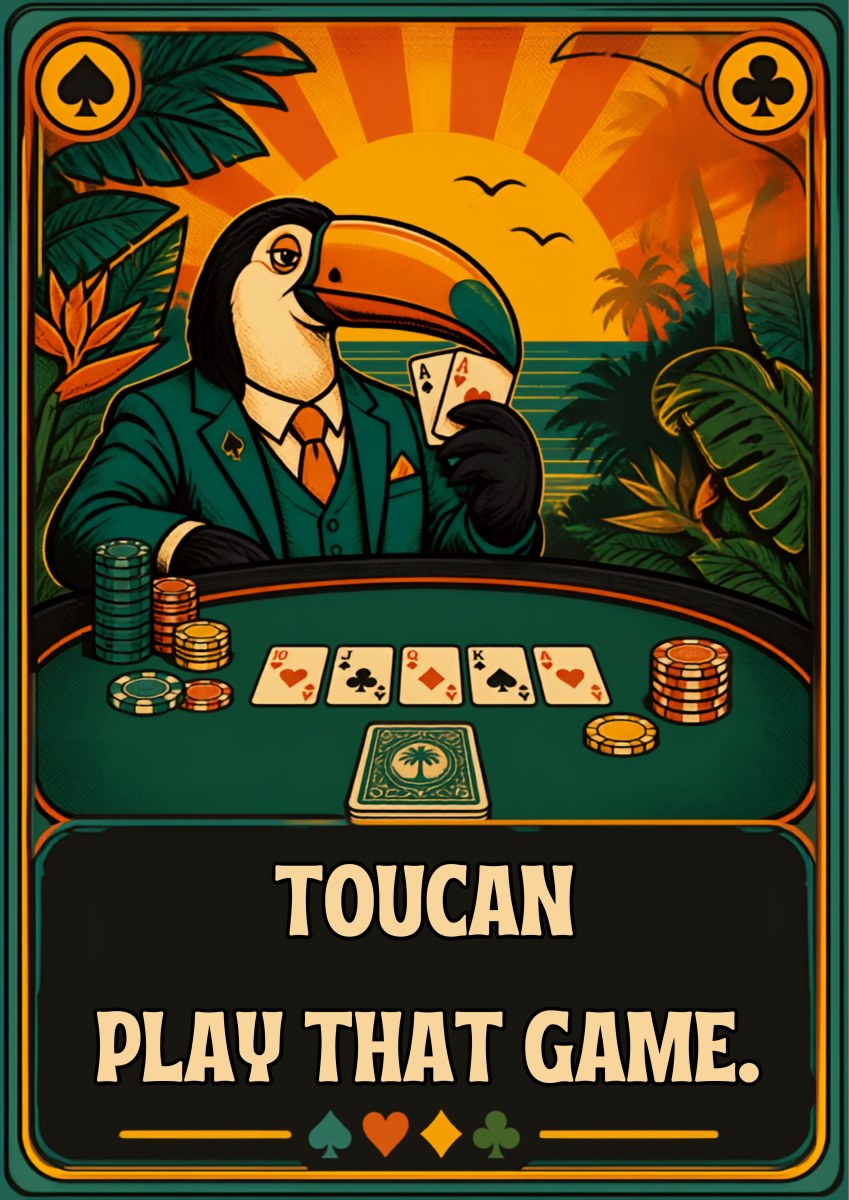 Poker Face — Toucan Play That Game art print: a suited toucan holding two aces at a green poker table with chips and a spread of cards, against an orange sunburst and tropical sunset, card suit symbols in the corners