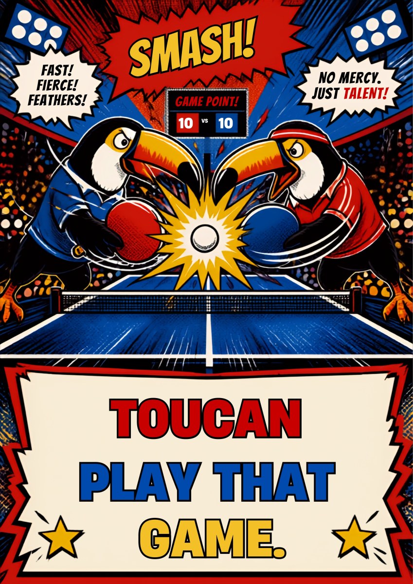 Table Smash — Toucan Play That Game art print: comic-book panel of two toucans in blue and red duelling over a table tennis net with paddles and an exploding ball, speech bursts reading SMASH! and GAME POINT!