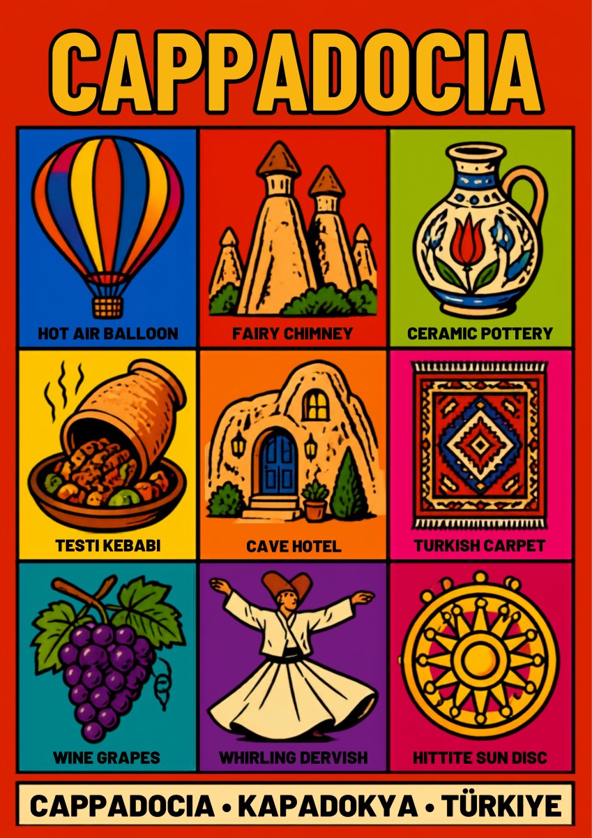 Anatolian Icons — Cappadocia art print: a pop-art nine-panel grid on red in bright flat colour showing a hot air balloon, a fairy chimney, a painted ceramic jug, a testi kebab, a cave hotel door, a Turkish carpet, purple grapes, a whirling dervish and a Hittite sun disc