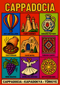 Anatolian Icons — Cappadocia art print: a pop-art nine-panel grid on red in bright flat colour showing a hot air balloon, a fairy chimney, a painted ceramic jug, a testi kebab, a cave hotel door, a Turkish carpet, purple grapes, a whirling dervish and a Hittite sun disc