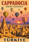 Balloons at Dawn — Cappadocia art print: a vintage travel poster of dozens of striped hot air balloons drifting over the fairy chimney valleys of Goreme at sunrise, in soft lilac, peach and sand tones with cave dwellings carved into the rock spires