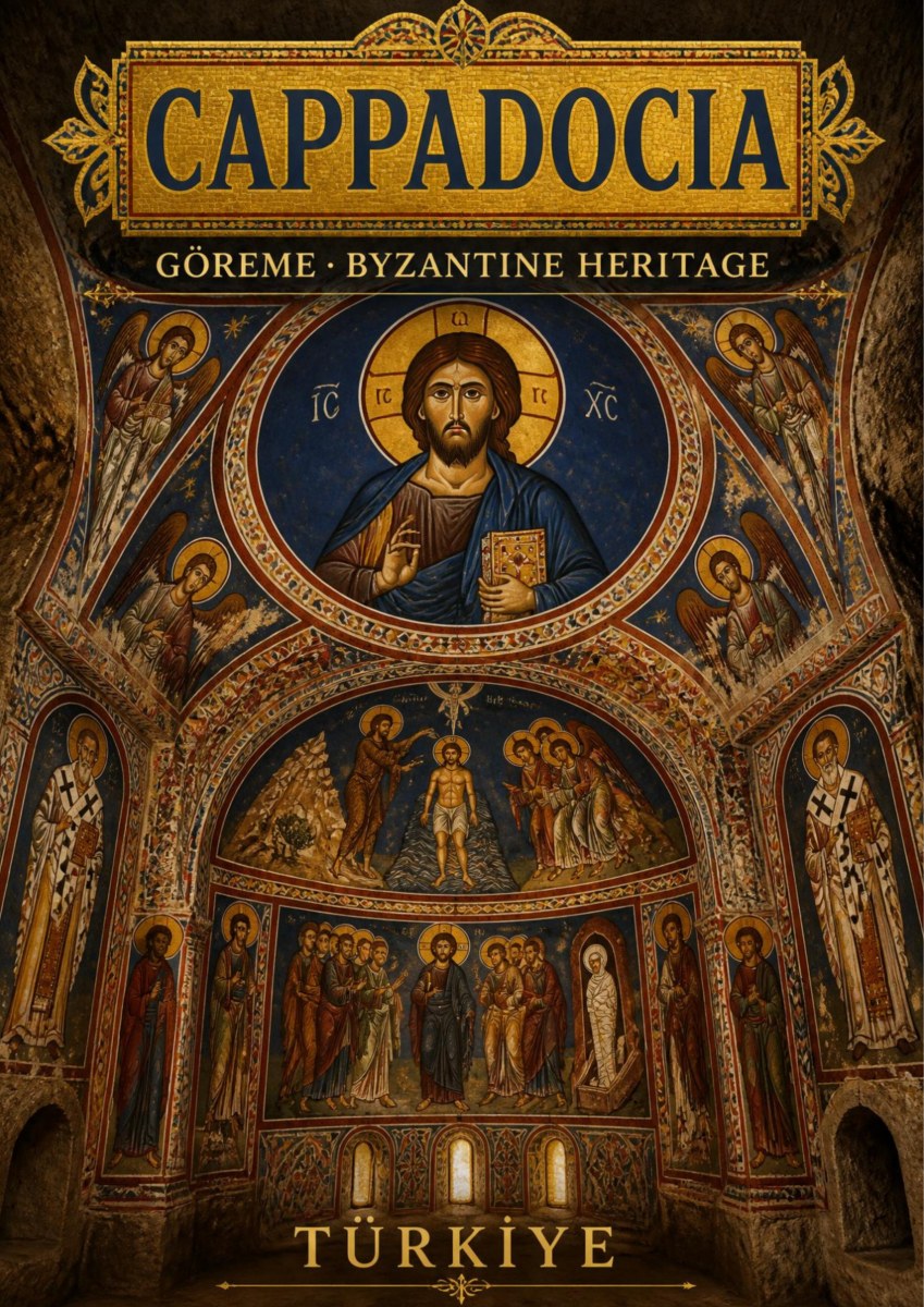 Byzantine Frescoes — Cappadocia art print: a richly coloured poster of a Byzantine rock-cut church interior in Goreme, with a domed fresco of Christ Pantocrator above ranks of painted saints on ochre, red and blue plaster walls