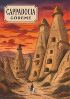 Peribacalari — Cappadocia art print: a woodblock-style poster of towering fairy chimneys with dark capstones and carved cave windows under a dramatic red and orange sunset sky, with a lone rider on a white horse on the valley floor