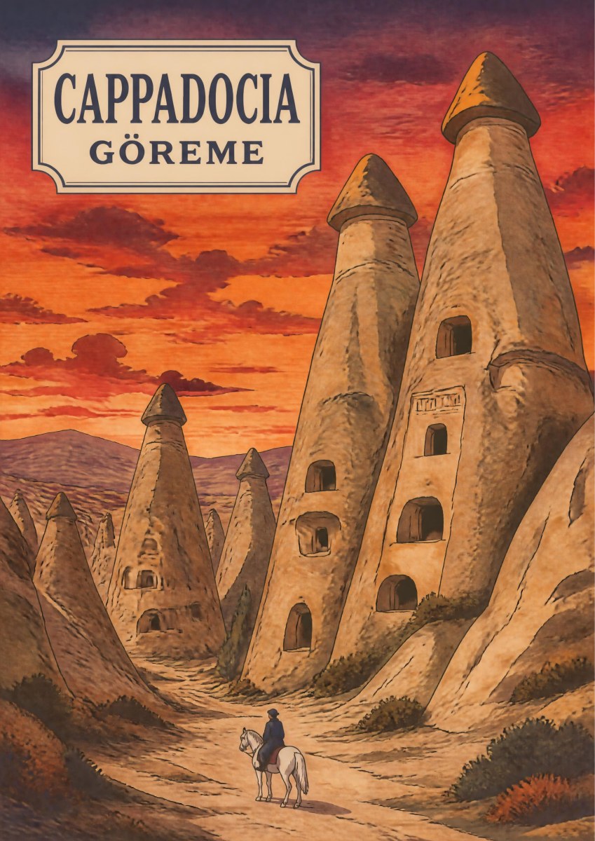 Peribacalari — Cappadocia art print: a woodblock-style poster of towering fairy chimneys with dark capstones and carved cave windows under a dramatic red and orange sunset sky, with a lone rider on a white horse on the valley floor