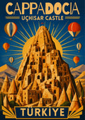 Uchisar Castle — Cappadocia art print: an art deco poster in gold and deep blue showing the honeycombed rock citadel of Uchisar Castle with a flag on its peak, framed by sunburst rays and small hot air balloons in the sky
