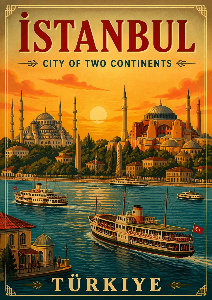 Altin Boynuz — Istanbul art print: a retro poster of the old city skyline at sunset, with domed mosques and minarets above the waterfront and passenger ferries crossing golden water, captioned City of Two Continents