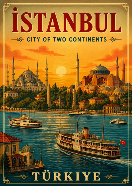 Altin Boynuz — Istanbul art print: a retro poster of the old city skyline at sunset, with domed mosques and minarets above the waterfront and passenger ferries crossing golden water, captioned City of Two Continents
