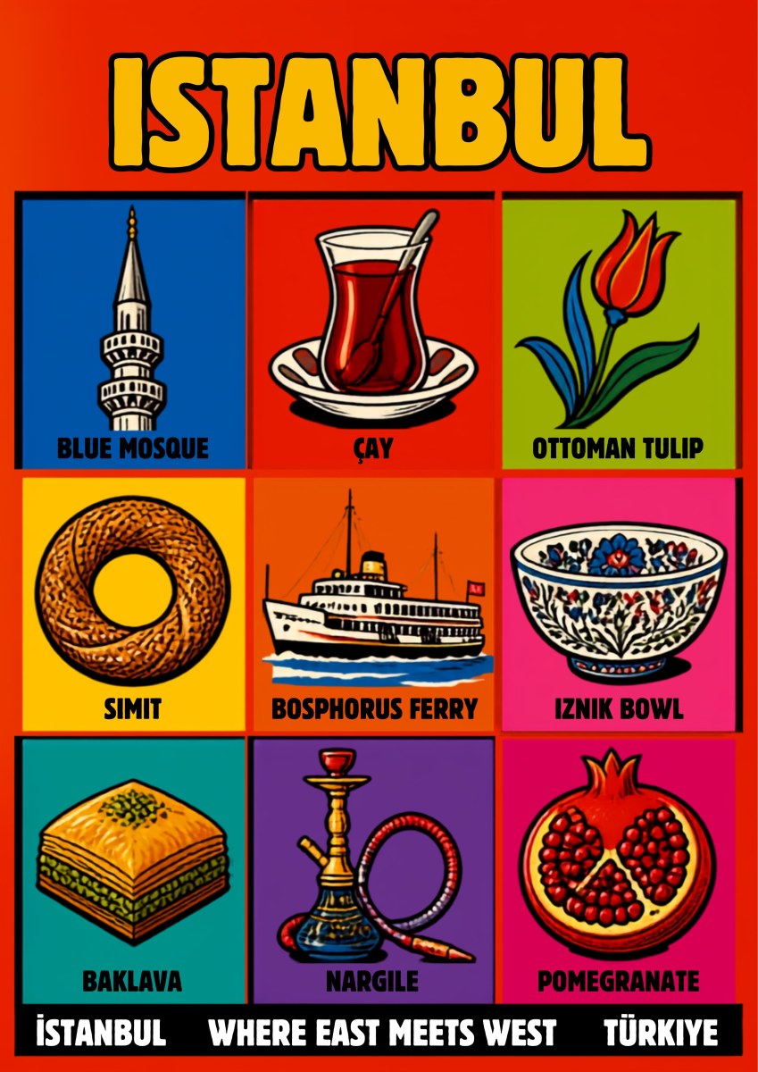 Dokuz — Istanbul art print: a nine-panel icon grid on a red ground showing the Blue Mosque, a tulip glass of cay, an Ottoman tulip, a simit, a Bosphorus ferry, an Iznik bowl, baklava, a nargile pipe and a pomegranate