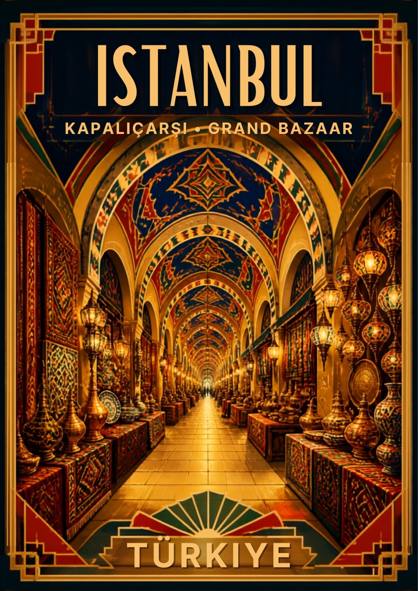 Kapalicarsi — Istanbul art print: an art deco view down a vaulted Grand Bazaar arcade, with painted blue and gold ceiling patterns, hanging brass lanterns and glowing shopfronts of lamps and carpets