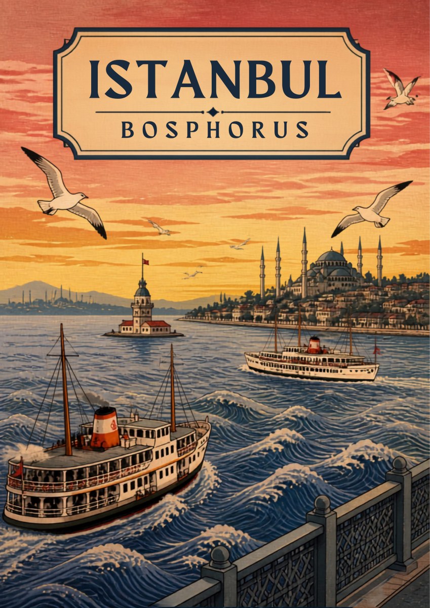 Kiz Kulesi — Istanbul art print: a pastel Bosphorus scene with the Maiden's Tower on its islet, steam ferries cutting through choppy blue water, gulls overhead and a mosque-topped shoreline in the distance