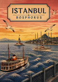 Kiz Kulesi — Istanbul art print: a pastel Bosphorus scene with the Maiden's Tower on its islet, steam ferries cutting through choppy blue water, gulls overhead and a mosque-topped shoreline in the distance