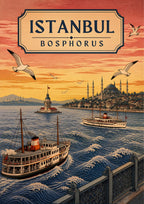 Kiz Kulesi — Istanbul art print: a pastel Bosphorus scene with the Maiden's Tower on its islet, steam ferries cutting through choppy blue water, gulls overhead and a mosque-topped shoreline in the distance