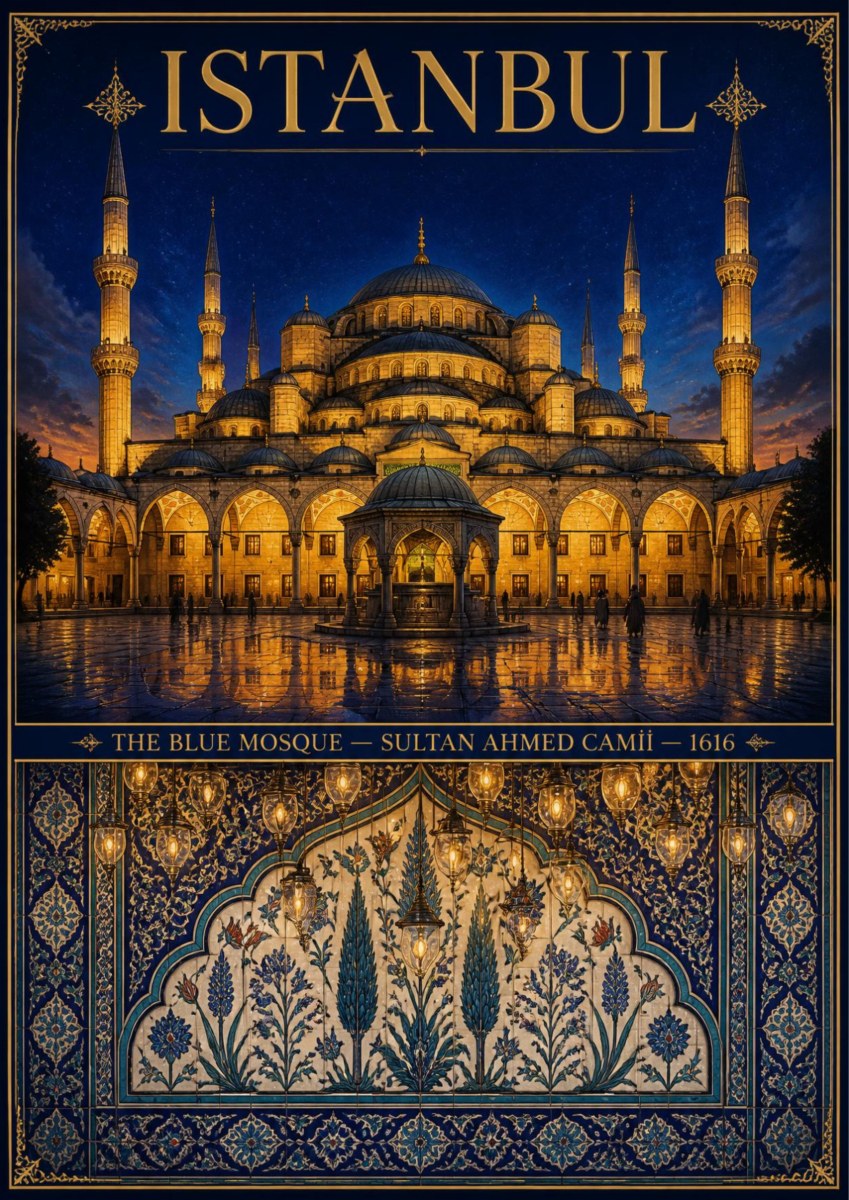 Mavi Cami — Istanbul art print: the Blue Mosque at dusk, six minarets and cascading domes lit gold above a rain-wet courtyard, set over a panel of blue and turquoise Iznik tilework